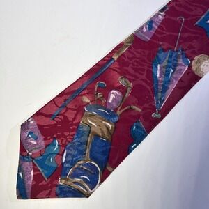 Vintage Italianissimo Silk Tie Golfing Pattern Burgundy Preppy Country Club Mens